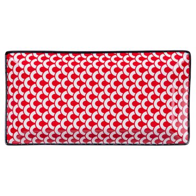 Plato rectangular de gres 24,5x12,5cm, decoración geométrica, Confusión ROJO