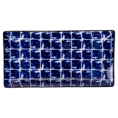 Plato rectangular de gres 24,5x12,5 cm, decoración geométrica, Confusión BLU A
