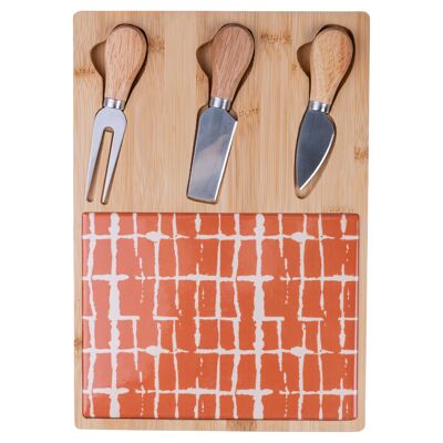 Set of 3 ceramic and bamboo cheese knives and cutting board 21.5x30.5 cm, Ginza ORANGE