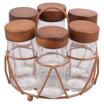 Set of 6 90 ml glass jars, acacia wood lid and rust iron stand, 4 Tones