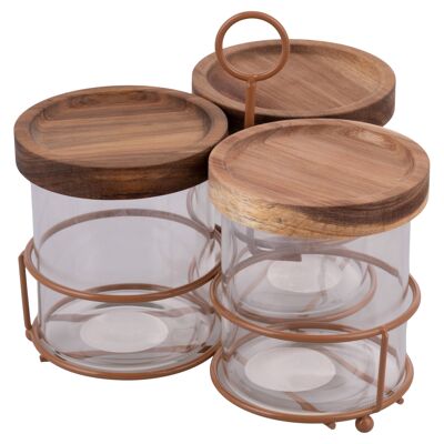 Lot de 3 bocaux 390 ml en verre borosilicaté, couvercle en bois d'acacia et support en fer rouillé, 4 Tones