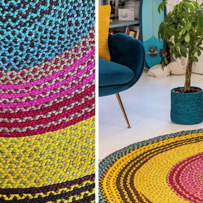 Tappeto rotondo in rafia nei colori turchese, giallo e rosa – 200 cm