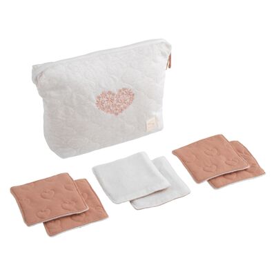 Trousse de toilette en coton matelassé et 6 carrés éponge - PETIT COEUR