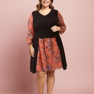 Robe grande taille effet superposé avec perles (C6115&NOIR)