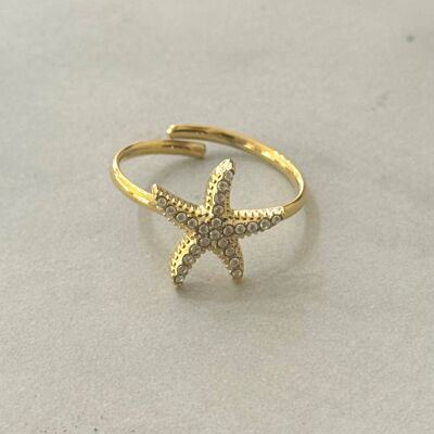 Adjustable Waterproof Starfish Ring w White Zirconias