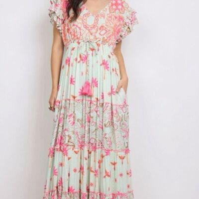 Robe longue en coton vert avec imprimé rose
