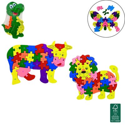 Puzzle en bois Animal + Alphabet pièces à assembler 25X20CM 4 MODELES ASSORTIS