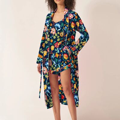 Accappatoio in cotone biologico blu navy con motivi floreali