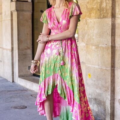 Robe longue volantée , bi-couleur dégradée avec effet dorure