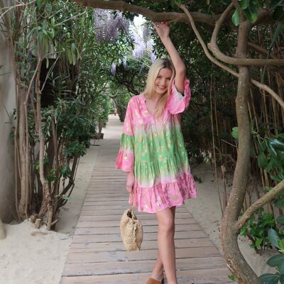 Gold print tunic dress, buttoned front, V-neck with gathers