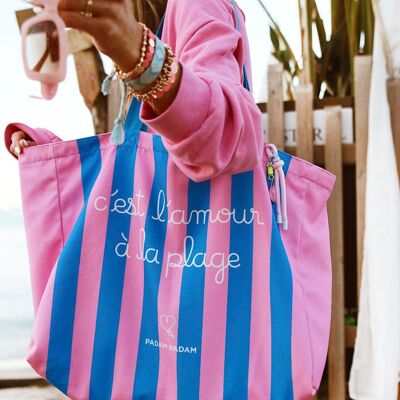 Striped beach tote bag - Blue and pink