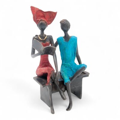 Bronze seated couple 20 cm red & blue n°2
