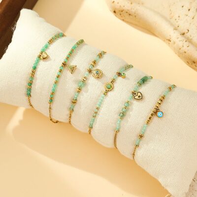 Set of 6 Gold Bracelets with Green Water Beads, Protective and Nature Motifs