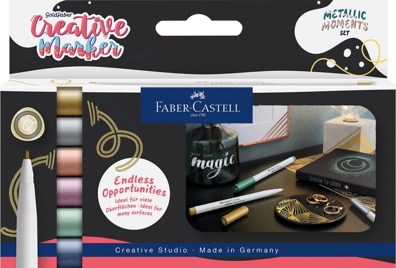 Faber-Castell Goldfaber Creative Marker, Rundspitze, 1.5 mm, 6er-Set Metallic Moments, Zeichnen, kreatives Lettering, Skizzieren, DIY, Upcycling, Malstift für viele kreative Kunstprojekte