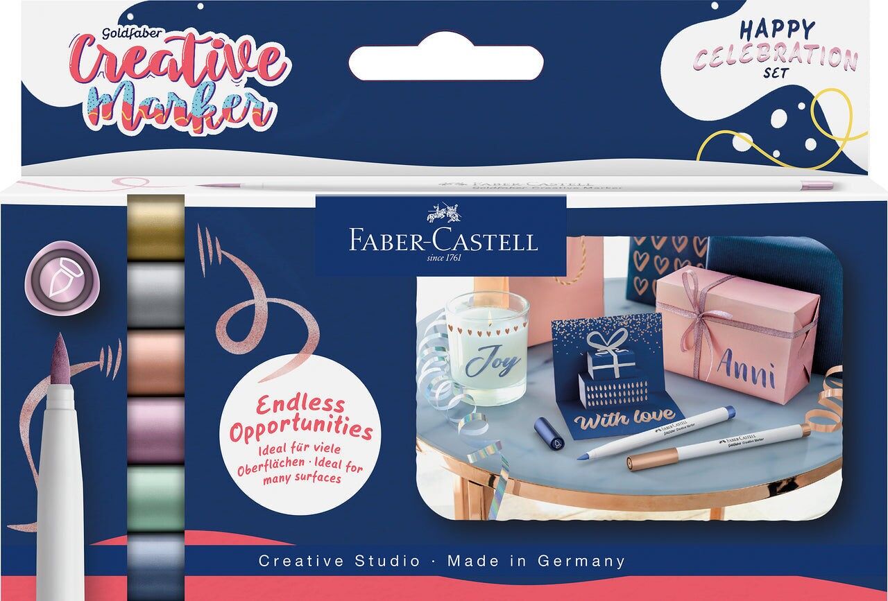 Set di pennarelli creativi Faber-Castell Goldfaber, punta a pennello, set da 6, Happy Celebration, disegno, lettering creativo, schizzi, fai da te, riciclo creativo, pennarelli colorati per molti progetti artistici creativi.