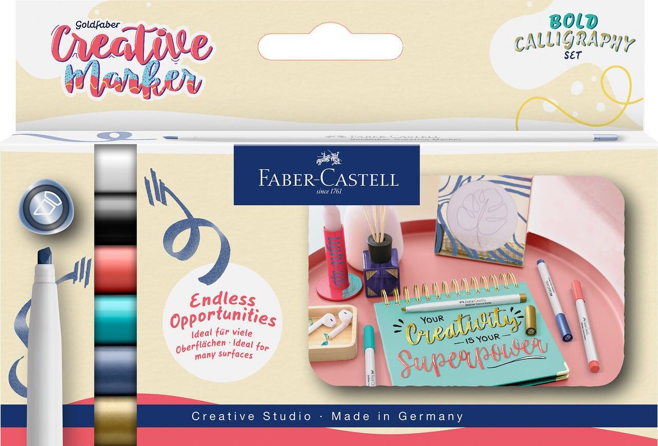 Faber-Castell Goldfaber Creative Marker Set, Calligraphy Tip, Set of 6, Soft Lettering, Drawing, Creative Lettering, Sketching, DIY, Upcycling, Colouring Marker Pen For Many Creative Art Projects