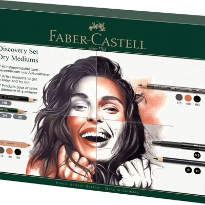 Coffret Découverte Faber-Castell Dry Art, 17 pièces, cadeau, fournitures d'artiste, crayons de couleur, pastels, fusain, graphite, feutre fin, gommes, coffret complet pour la maison, l'école et l'atelier.