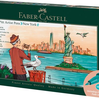 Set de regalo Faber-Castell PITT Artist Brush Pen City, caja de 12, Nueva York, multicolor, pigmentado, resistente al agua, tinta permanente, sin ácido, para dibujo, bocetos, arte, manualidades, bolígrafos, hogar, oficina, estudio de arte