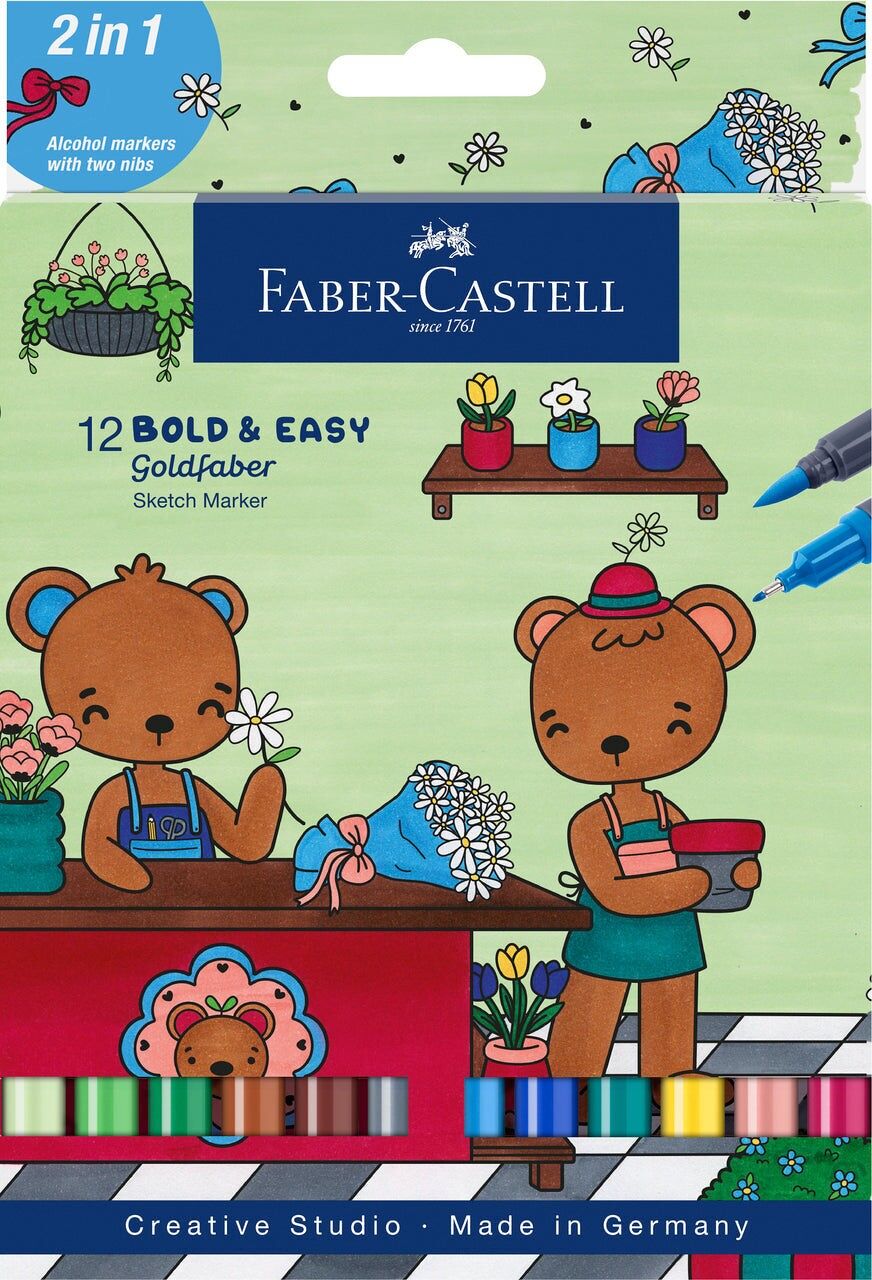 Faber-Castell Goldfaber Sketch Markers, Bold & Easy, 12er-Etui, Buntstifte, Marker auf Alkoholbasis, schnelltrocknende Tinte, Doppelspitze, Künstlerset-Zubehör, Malen, Skizzieren, Zeichenstifte