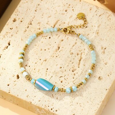 Bracelet Perles Bleu Ciel et Dorées Avec Pierre Facettée Centrale