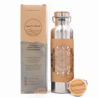 insulated stainless steel drinking bottle with cork coating - mandala