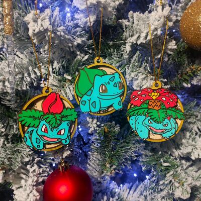 Wooden Colorful Pokémon Christmas Ornaments - Bulbasaur Evolutions