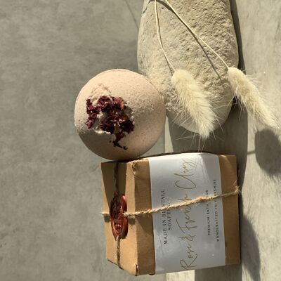 Embalaje de regalo Bomba de baño hecha a mano sin SLS vegano de arcilla francesa y rosa