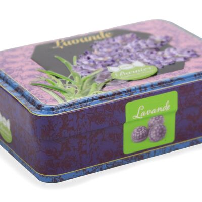 Frosted Lavender Candies in metal tin