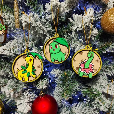 Wooden Colorful Pokémon Christmas Ornaments - Chikorita Evolutions