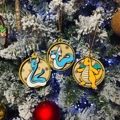 Décorations de Noël Pokémon colorées en bois - Dratini Evolutions