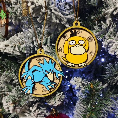Décorations de Noël Pokémon colorées en bois - Psyduck Evolutions