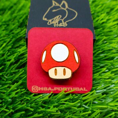 Colorful Super Mario Inspired Wooden Pin, Super Mushroom, Geek Retro Gamer Badge