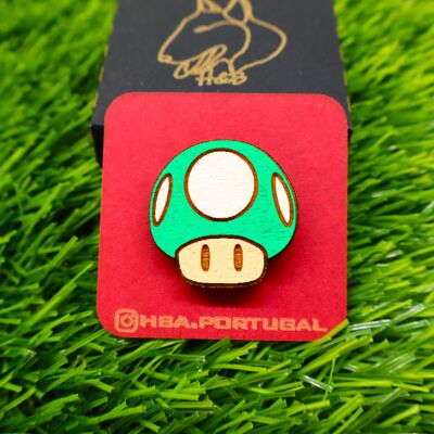 Colorful Super Mario Inspired Wooden Pin, 1-Up Mushroom, Geek Retro Gamer Badge