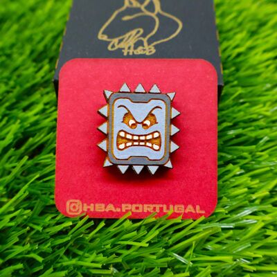 Colorful Super Mario Inspired Wooden Pin, Thwomp, Geek Retro Gamer Badge