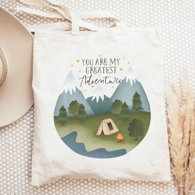 Fabric bag travel camping "You Are My Greatest Adventure" tent mountains - gift outdoor couple - jute bag camper library bag