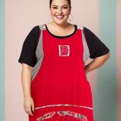 Red Embroidered Tunic Set with Plus Size T-Shirt (A592&RED)