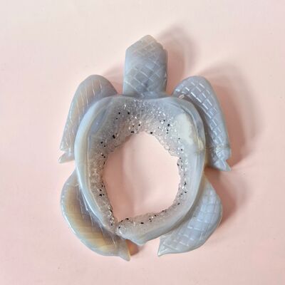Tortuga grande de ágata gris con drusa (8-12 cm) n.° 3 – Tallado a mano de piedras preciosas