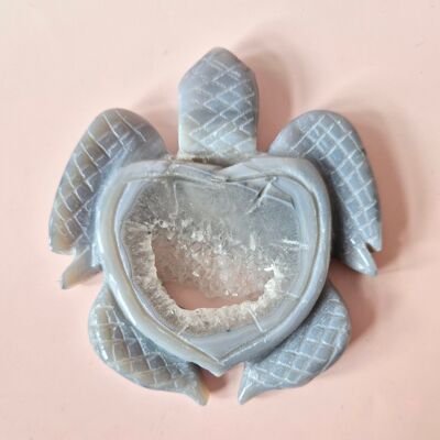 Gemstone Large Gray Agate Turtle with Druzy (8–12 cm) #22– Hand Carved Gemstone Carving