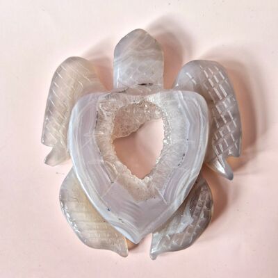 Gemstone Large Gray Agate Turtle with Druzy (8–12 cm) #20 – Hand Carved Gemstone Carving