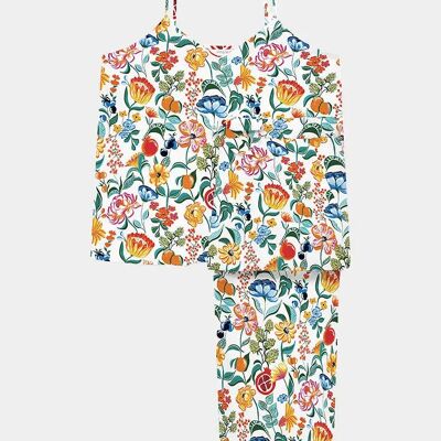 Conjunto de pantalón camisola de algodón orgánico para mujer con estampado floral en blanco