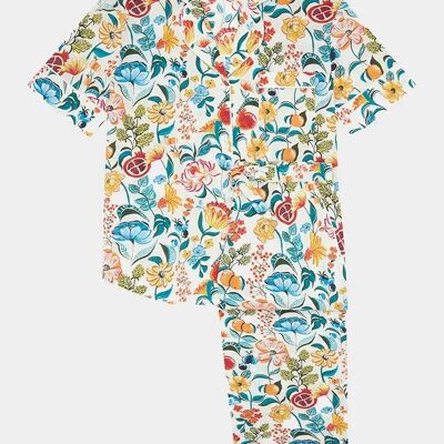 Completo pigiama e pantaloni a maniche corte in cotone biologico da donna con fiori su bianco