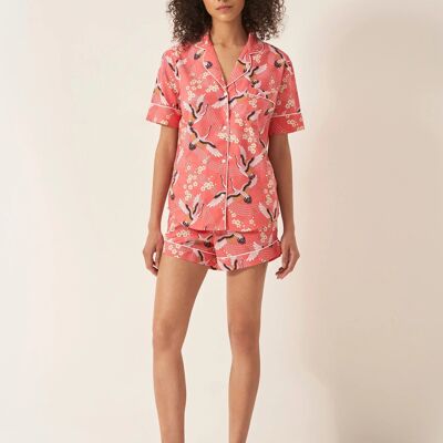 Japanese Crane on Coral Women's Short Sleeve Organic Cotton Pyjama Short Set