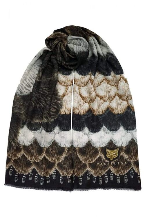 VASSILISA Scarf in Brown, Black and White Colours:  Fur Camelia Print, XL