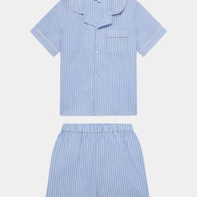 Conjunto de pijama corto de algodón orgánico para niños con rayas azules y blancas