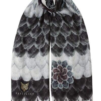 VASSILISA Scarf in Black and White Color:  Fur Camelia Print, XL