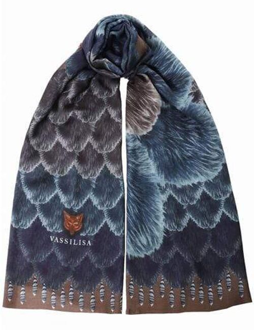 VASSILISA Scarf in Brown and Blue: Fur Camelia Print, XL