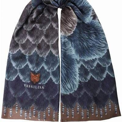 VASSILISA Scarf in Brown and Blue: Fur Camelia Print, XL