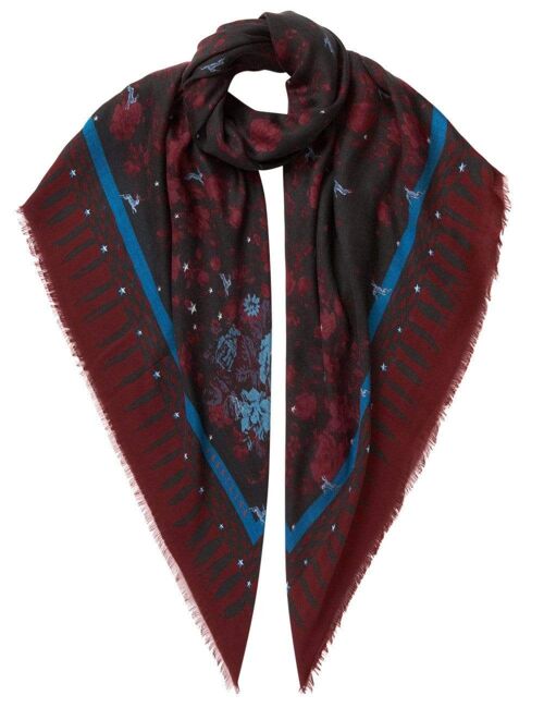 VASSILISA Scarf in Burgundy Colour: Bunnies and Florals Print