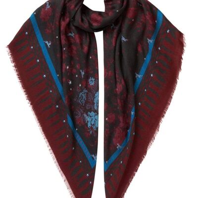 VASSILISA Scarf in Burgundy Colour: Bunnies and Florals Print