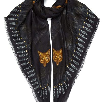 NEW: VASSILISA Scarf in Black Colour: Fur and Wolves Masks Print